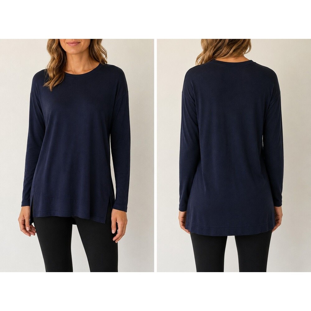 Vince Women XS Navy Blue Shimmer Knit Tunic Top Hi Low Hem Side Slits Semi Sheer